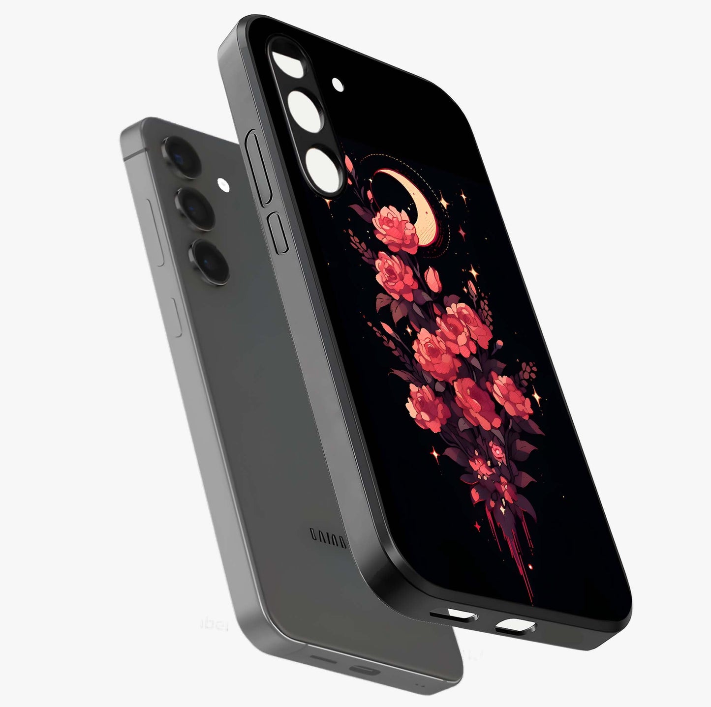 Moonlit Floral Elegance Glass Case displayed in angled mockup highlighting graceful flower design with soft moonlight aesthetic.