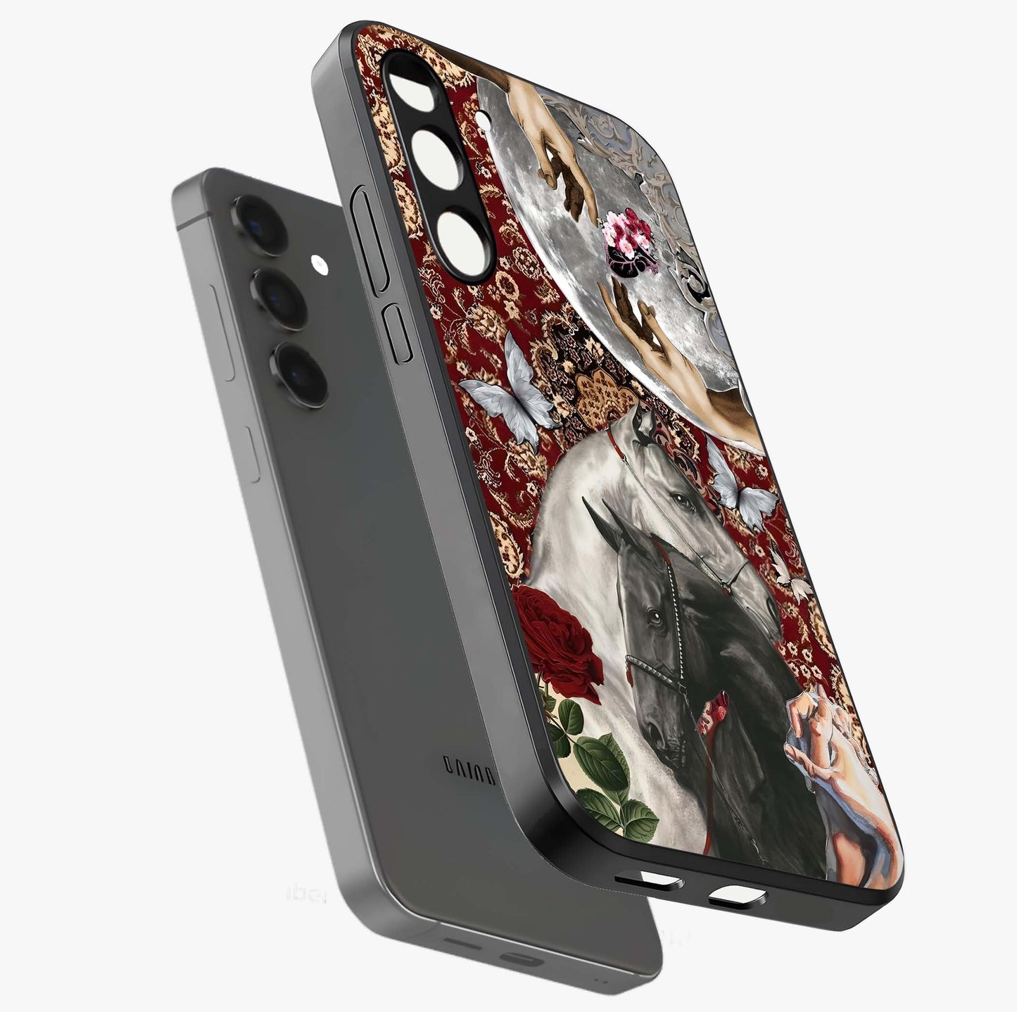 Moonlit Royal Stallion Glass Case displayed in angled mockup highlighting powerful stallion illustration with royal night aesthetic.
