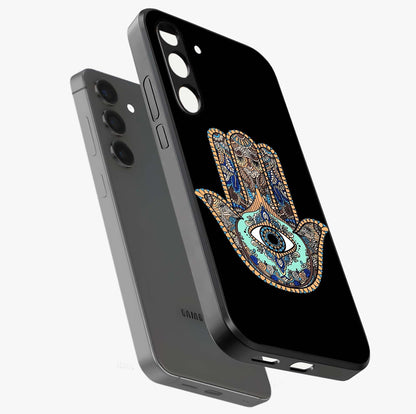 Mystic Hamsa Eye Glass Case displayed in angled mockup highlighting spiritual hamsa symbol with mystical aesthetic style.