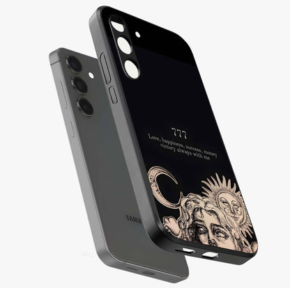 Mystic Victory Aura Glass Case displayed in angled mockup highlighting energetic aura design with bold mystical aesthetic.