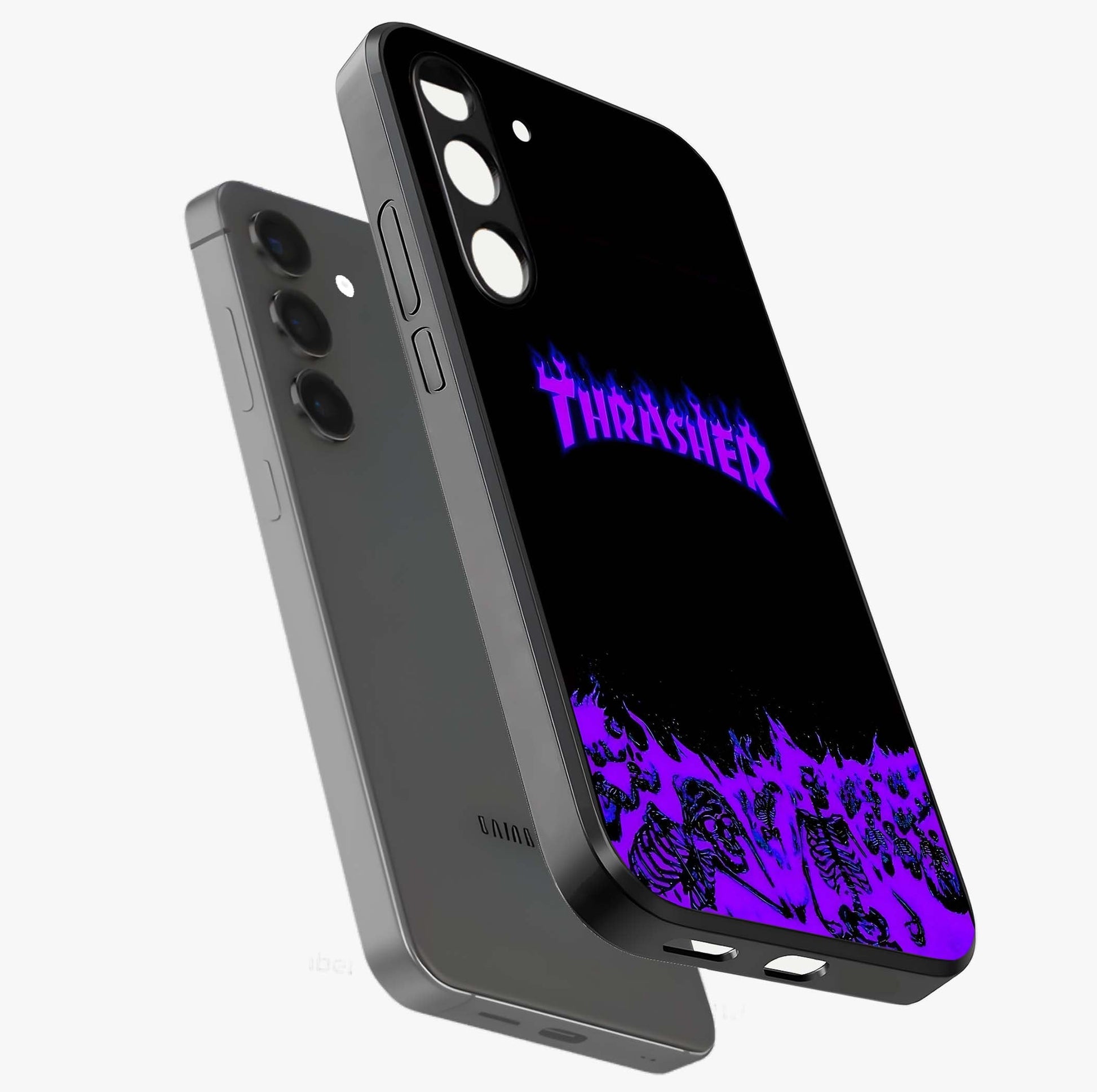 Neon Flame Riot Glass Case displayed in angled mockup highlighting glowing flame design with vibrant neon aesthetic.