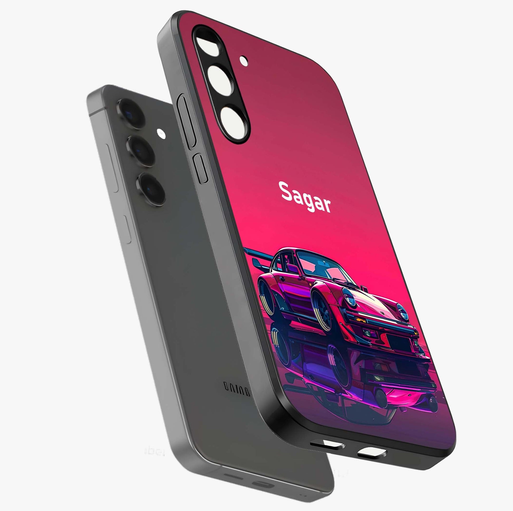 Neon Pink Porsche Glass Case displayed in angled mockup highlighting sleek neon pink car design with racing aesthetic.