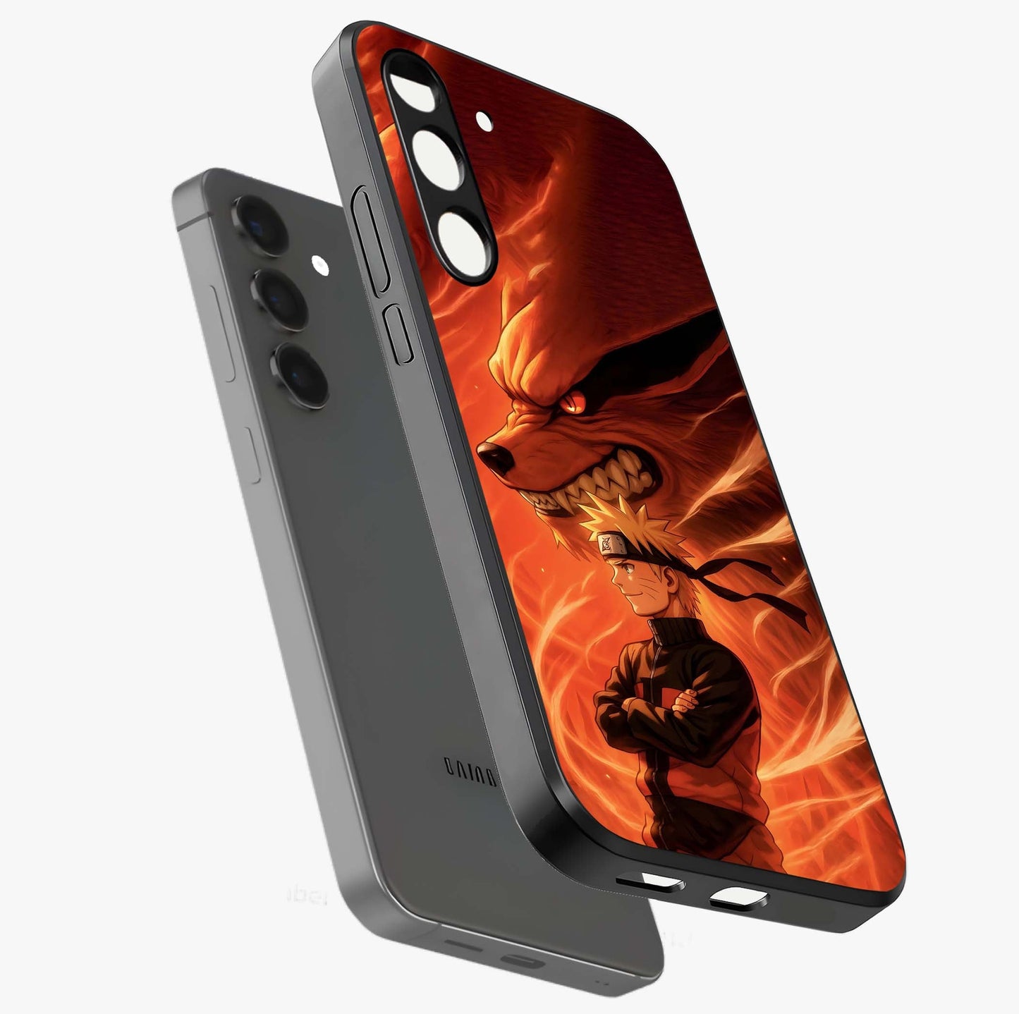 Nine Tails Legacy Glass Case displayed in angled mockup highlighting dynamic anime beast illustration with bold mystical aesthetic.