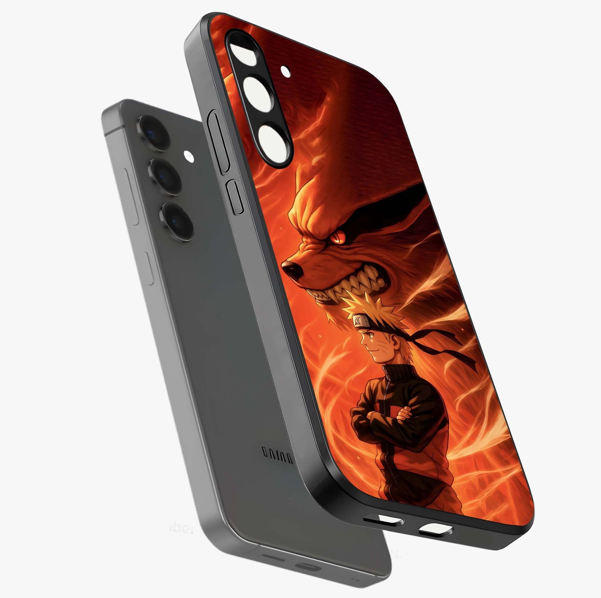 Nine Tails Legacy Glass Case displayed in angled mockup highlighting dynamic anime beast illustration with bold mystical aesthetic.