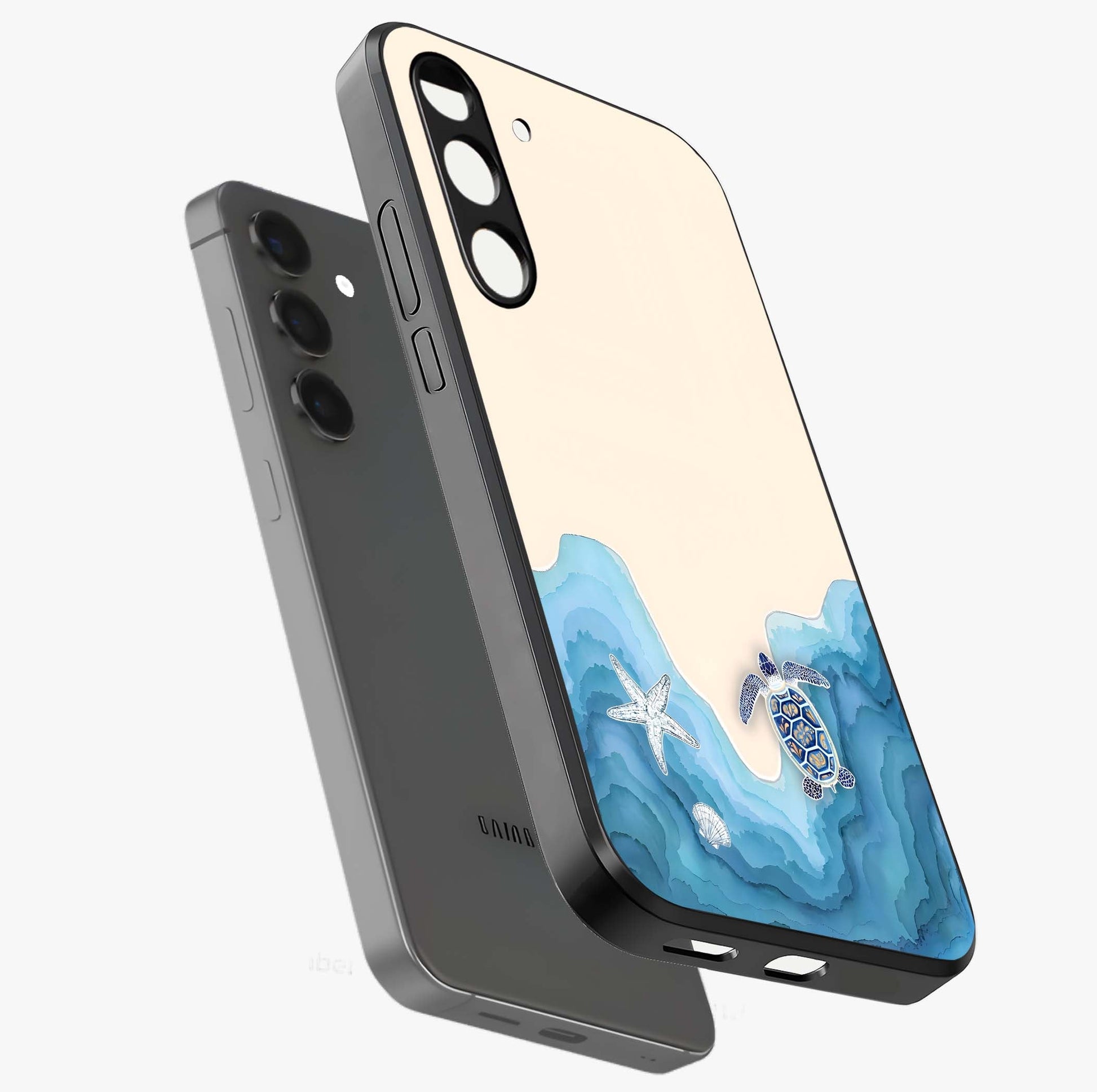 Ocean Drift Turtle Glass Case displayed in angled mockup highlighting peaceful ocean turtle illustration with marine aesthetic.