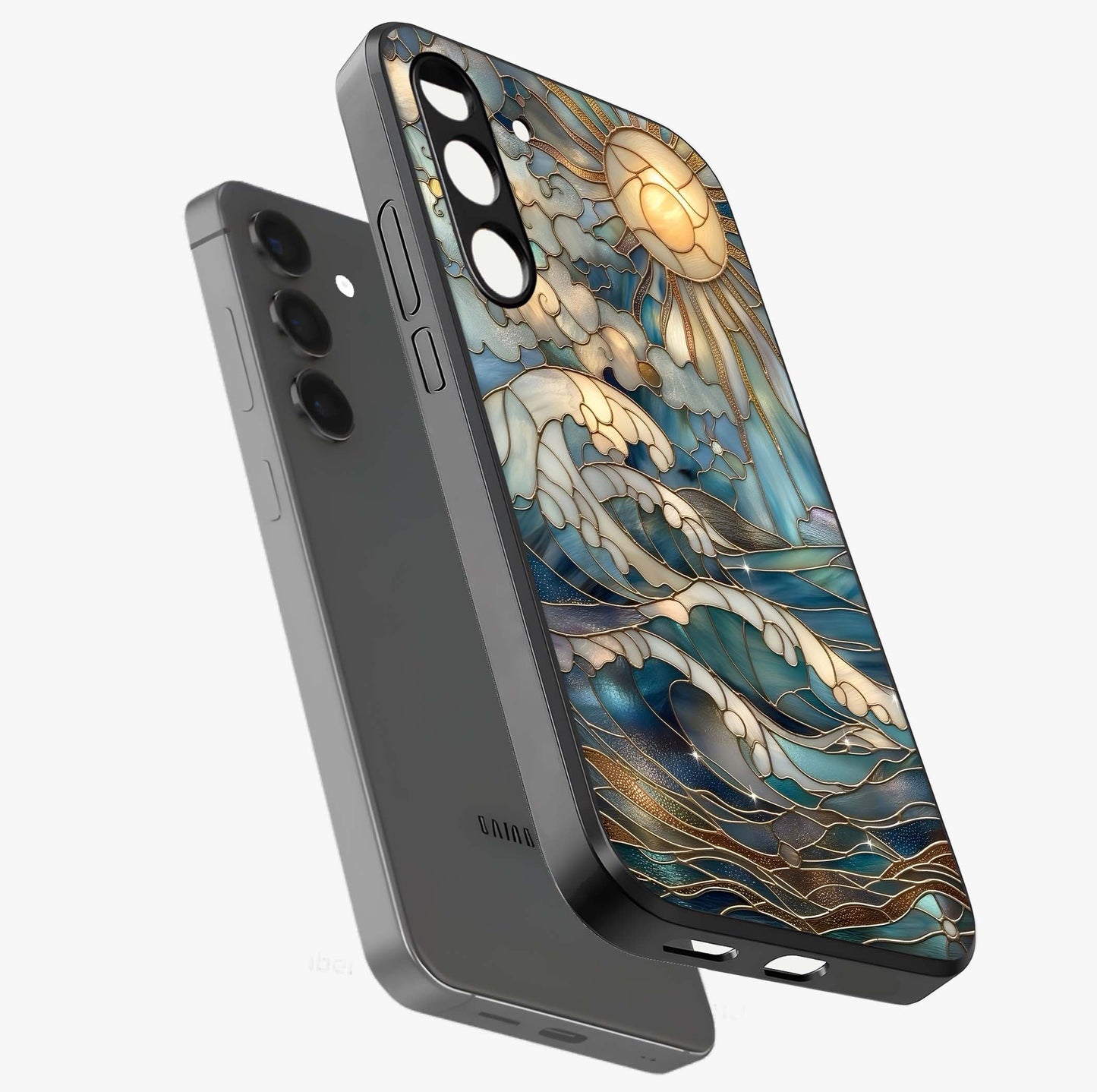 Oceanic Stained Printed Glass Case displayed in angled mockup highlighting colorful aquatic design with artistic aesthetic style.
