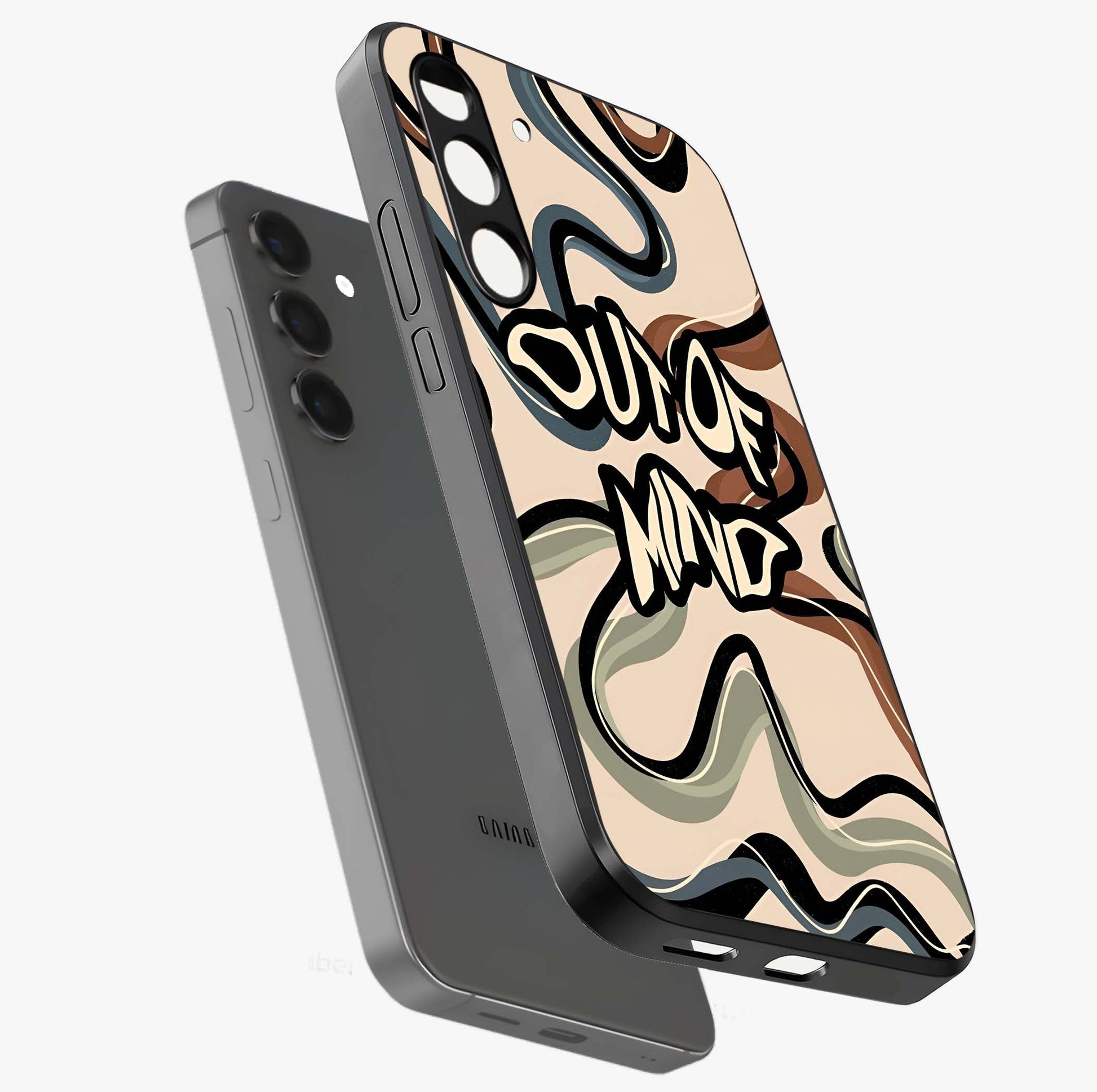 Out Of Mind Glass Case displayed in angled mockup highlighting bold statement design with modern artistic aesthetic.
