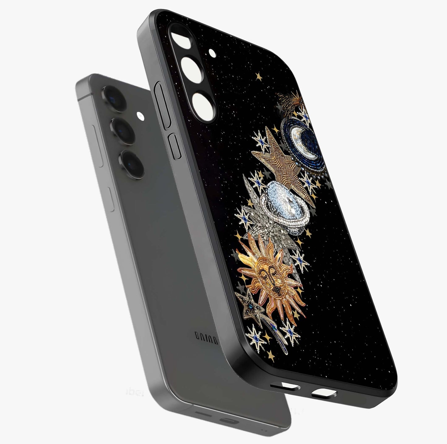 Pearls Universe Object Glass Case displayed in angled mockup highlighting celestial pearl design with dreamy aesthetic.