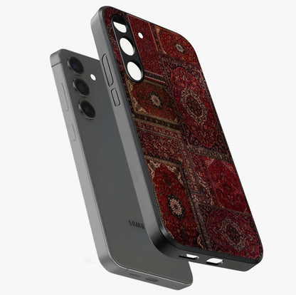 Persian Velvet Tale Glass Case displayed in angled mockup highlighting ornate textile inspired design with royal aesthetic.