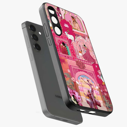Pink Palace Muse Glass Case displayed in angled mockup highlighting dreamy palace illustration with soft pink aesthetic.