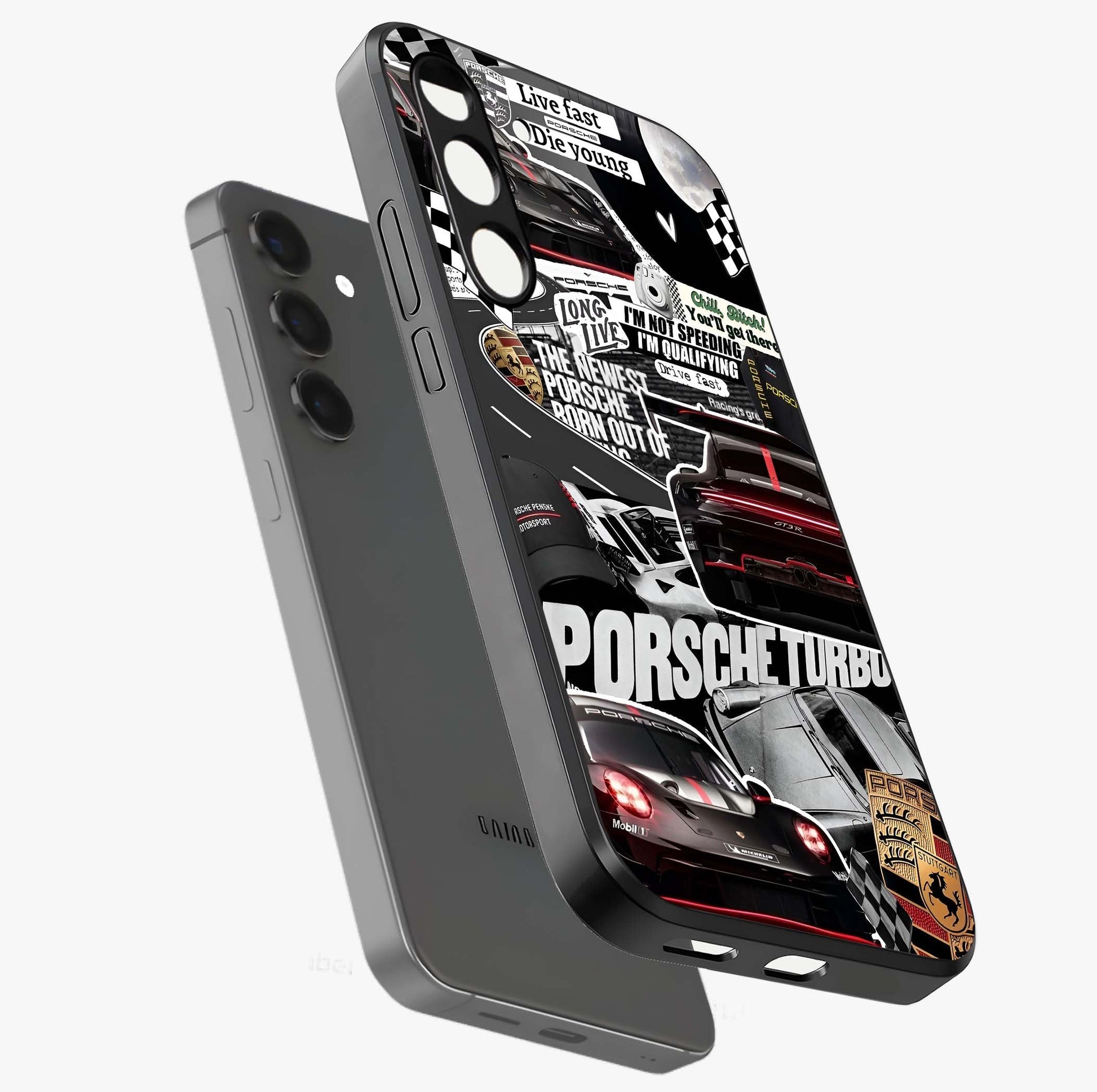 Porsche Racing Collage Glass Case displayed in angled mockup highlighting dynamic automotive design with bold racing aesthetic.