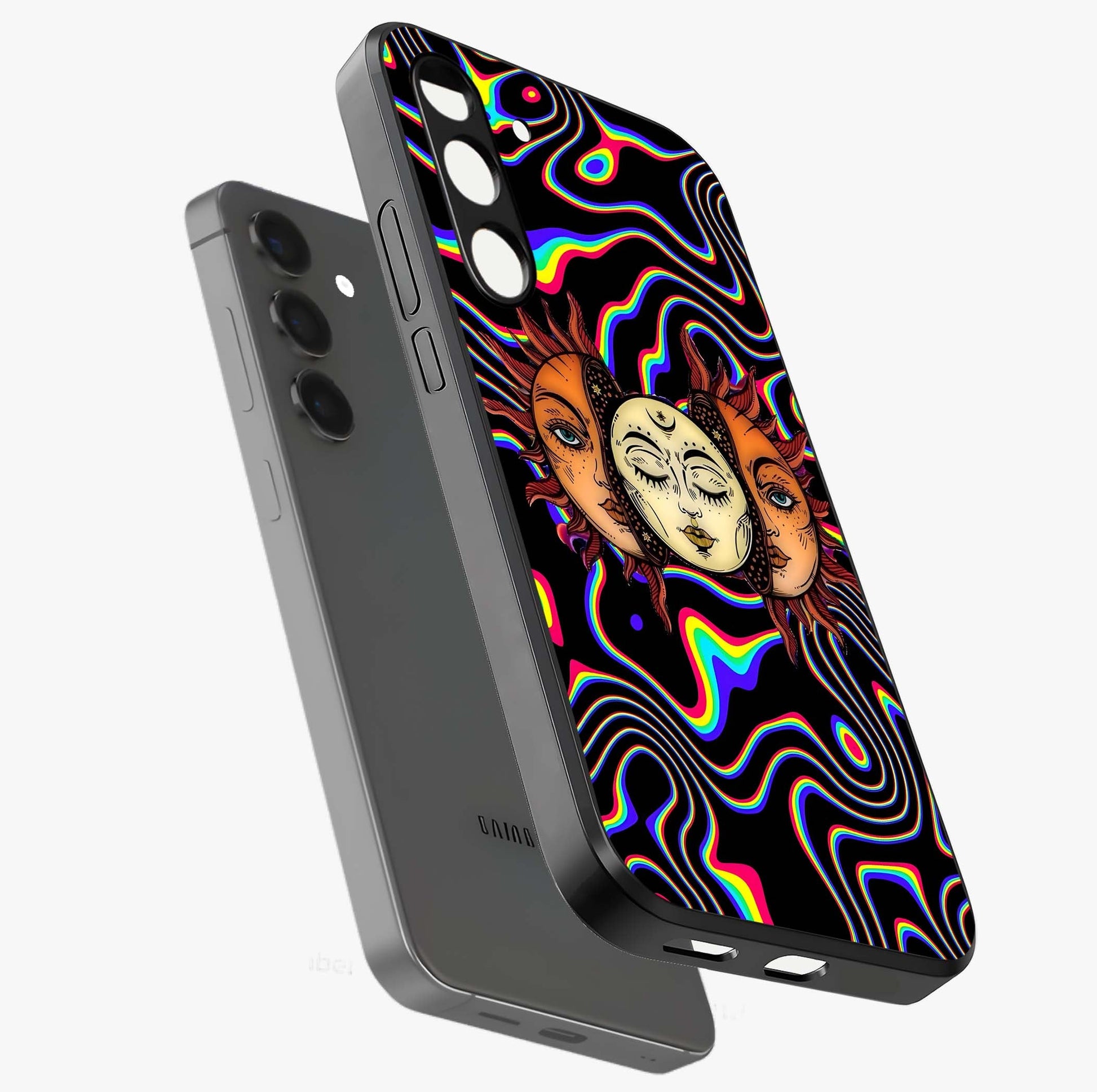 Psychedelic Sun Glass Case displayed in angled mockup highlighting vibrant abstract sun design with artistic aesthetic style.