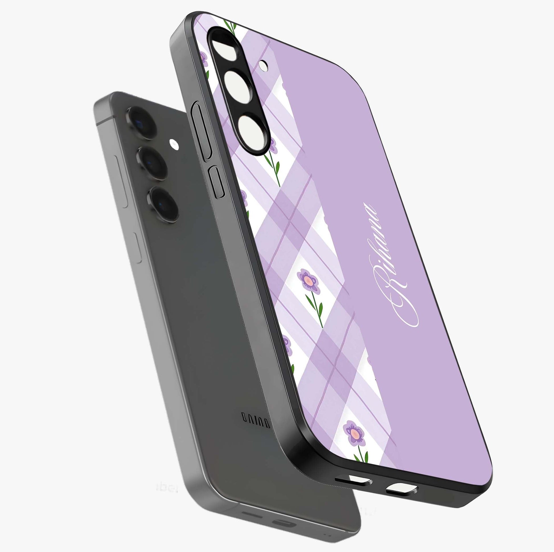 Purple Diamond Floral Glass Case displayed in angled mockup highlighting elegant purple flower design with decorative pattern.