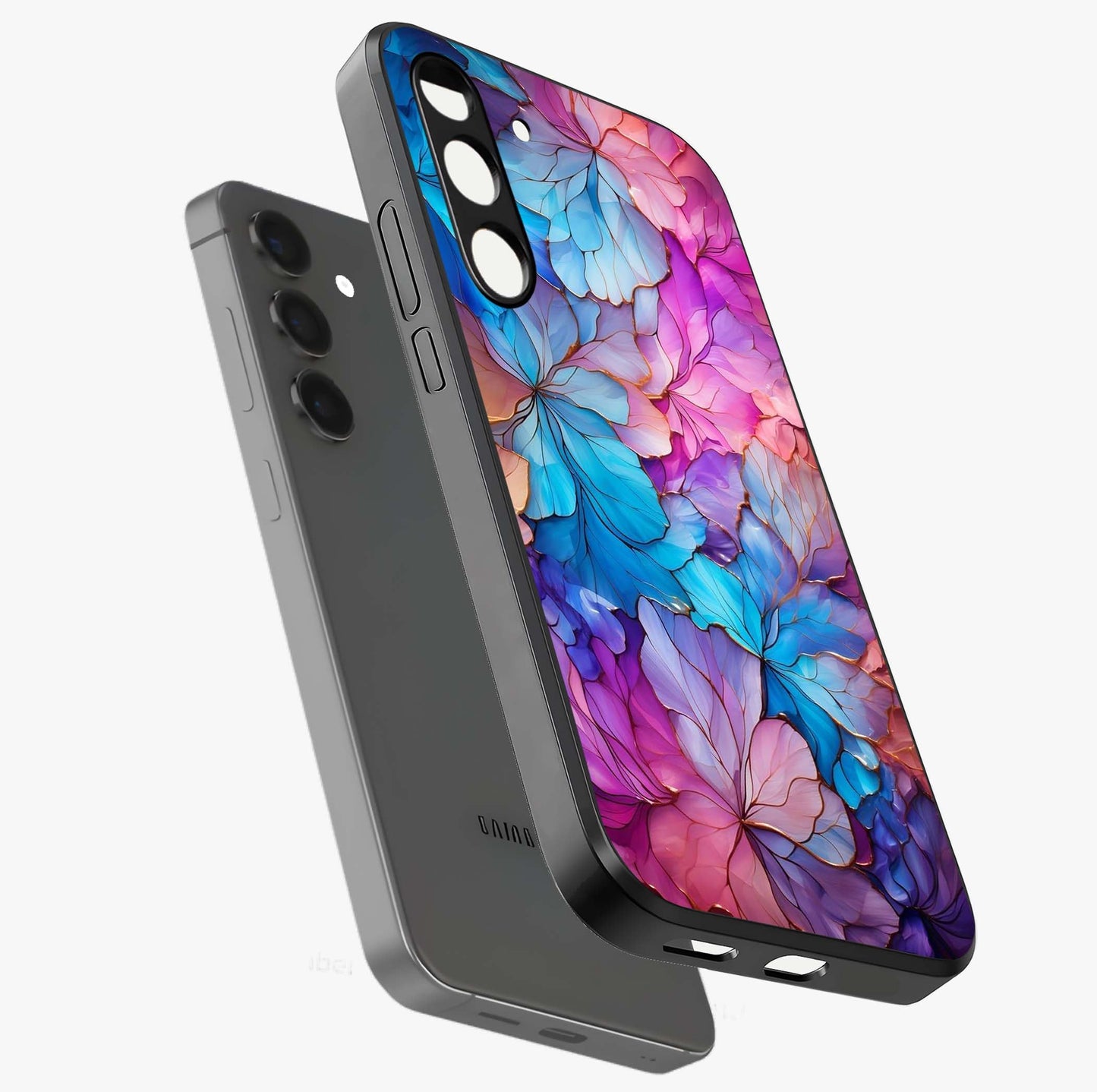 Radiant Floral Whirl Glass Case displayed in angled mockup highlighting vibrant flower pattern with dynamic artistic aesthetic.