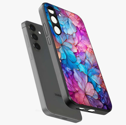 Radiant Floral Whirl Glass Case displayed in angled mockup highlighting vibrant flower pattern with dynamic artistic aesthetic.
