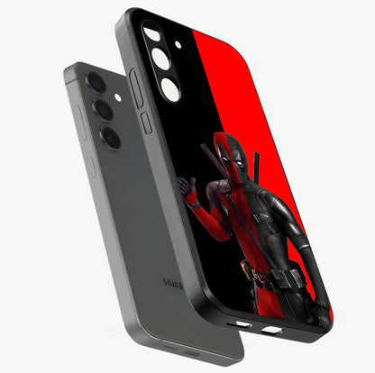 Red & Black Deadpool Theme Glass Case displayed in angled mockup highlighting vibrant superhero style illustration with action aesthetic.