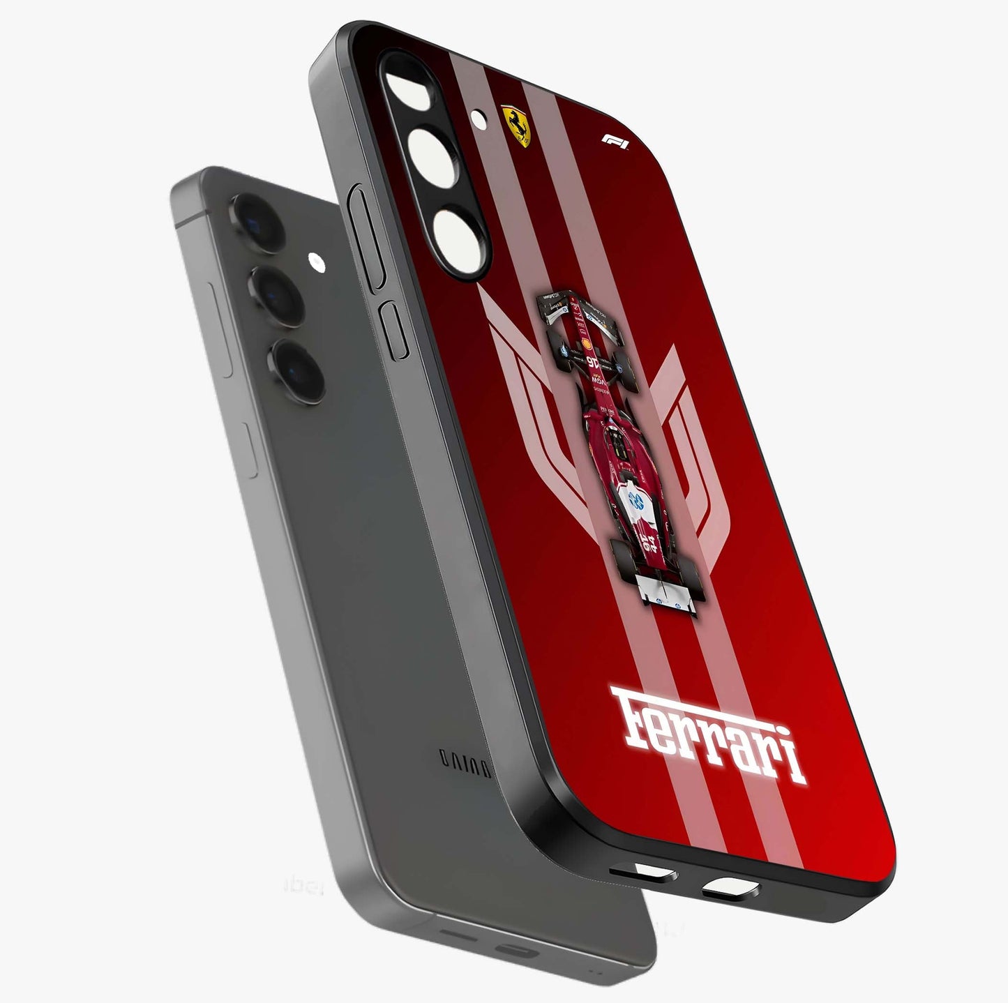 Red Ferrari F1 Vertical Glass Case displayed in angled mockup highlighting high speed racing design with bold automotive aesthetic.