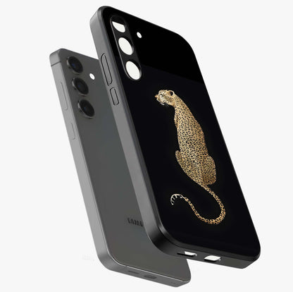 Regal Leopard Glass Case displayed in angled mockup highlighting powerful animal illustration with stylish wild aesthetic.