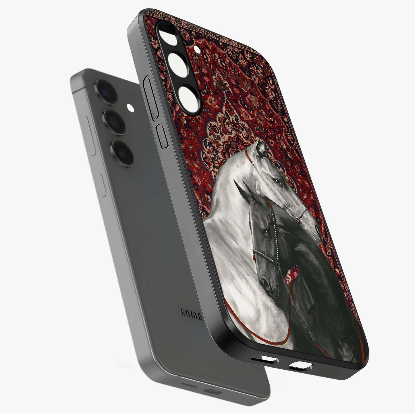 Regal Stallion Tapestry Glass Case displayed in angled mockup highlighting royal stallion design with decorative heritage aesthetic.