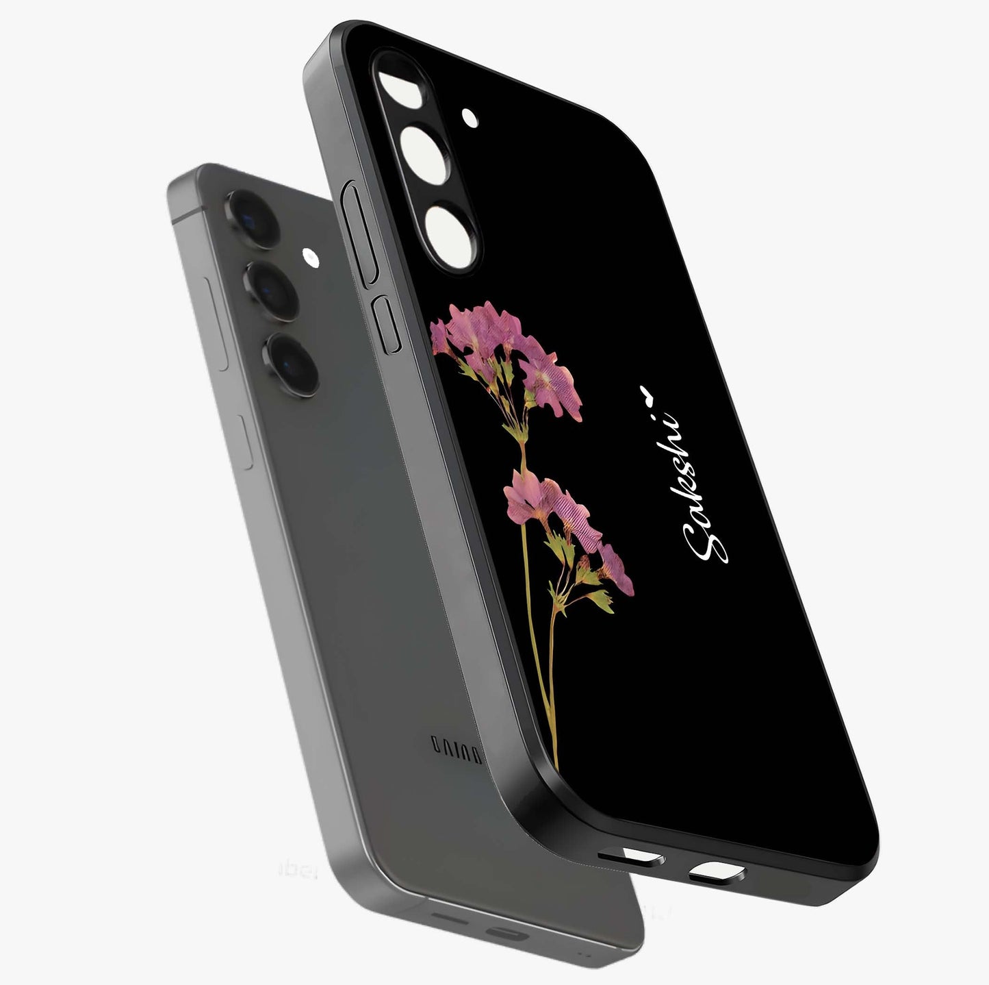 Riching Lavender Flower Custom Name Glass Case displayed in angled mockup highlighting delicate lavender flower design with custom name feature.