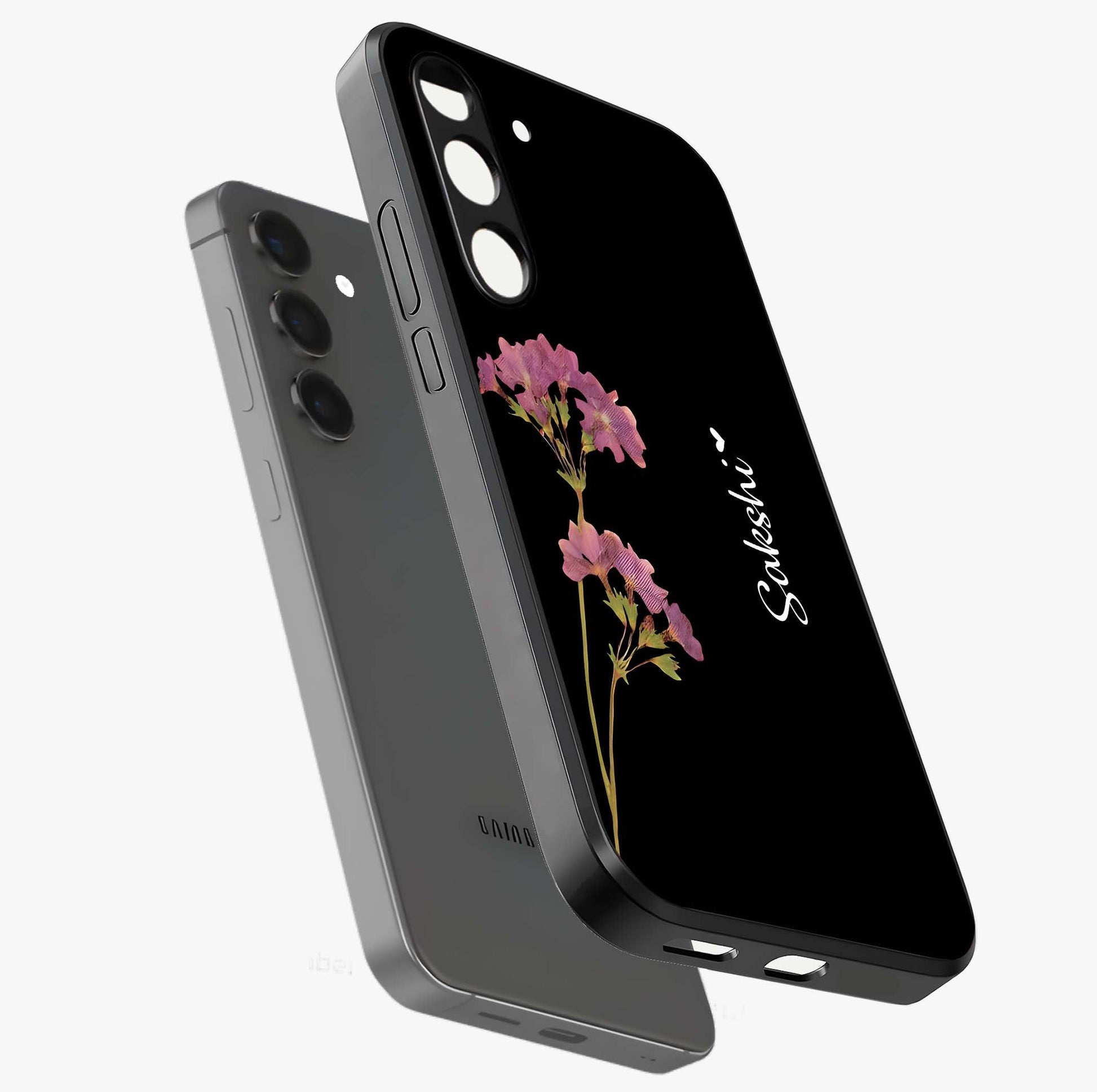 Riching Lavender Flower Custom Name Glass Case displayed in angled mockup highlighting delicate lavender flower design with custom name feature.