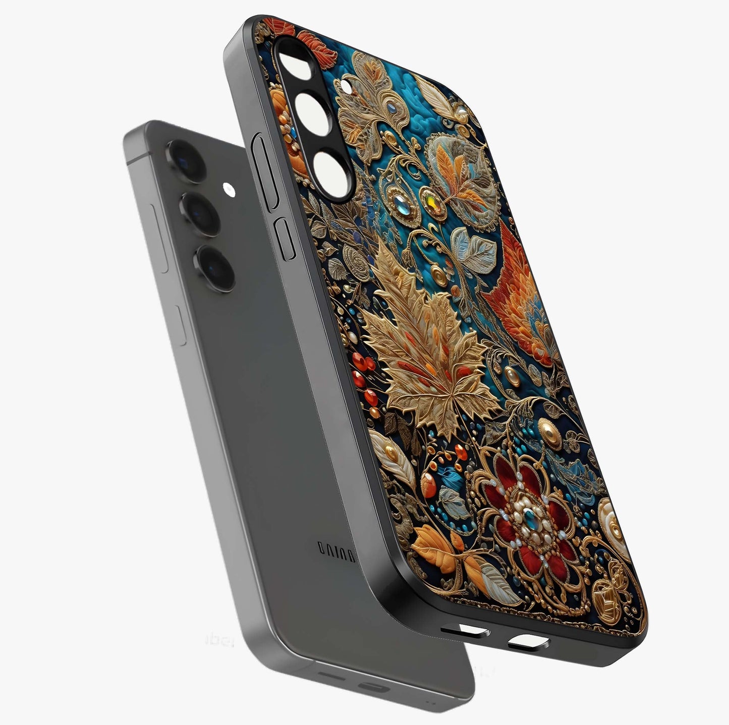 Royal Jewel Garden Glass Case displayed in angled mockup highlighting vibrant jewel inspired floral design with elegant aesthetic.