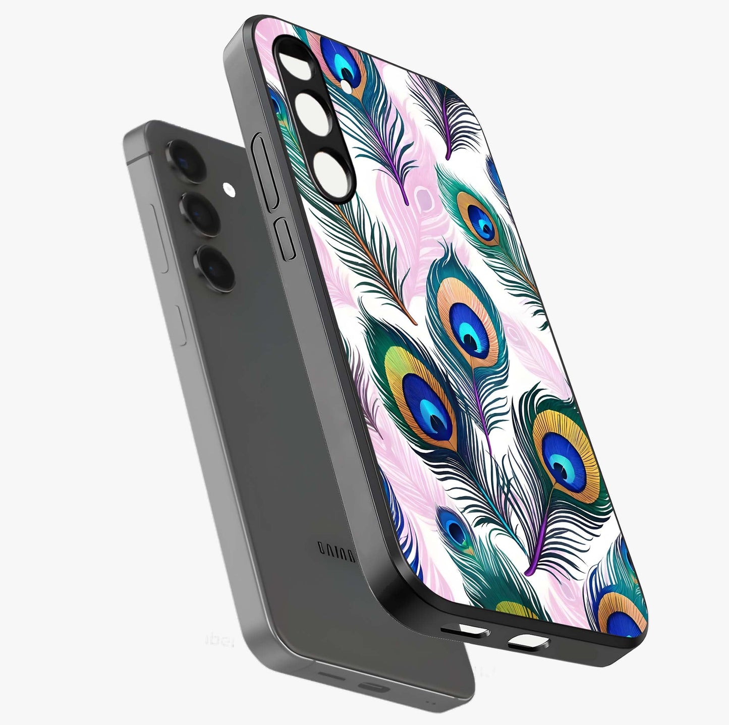 Royal Peacock Feathers Glass Case displayed in angled mockup highlighting vibrant feather pattern with regal aesthetic style.