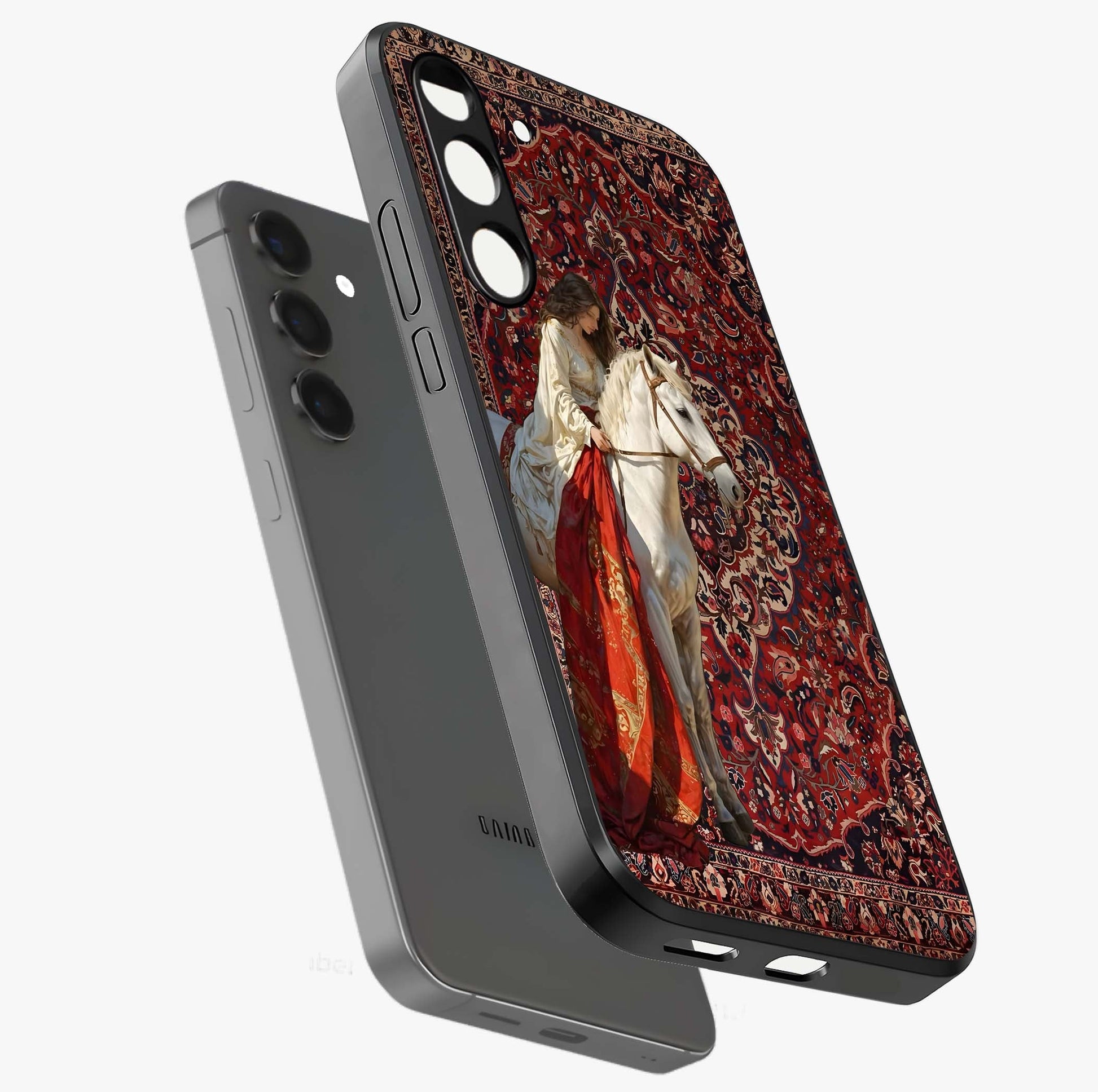 Royal Rider Tapestry Glass Case displayed in angled mockup highlighting traditional tapestry design with royal heritage aesthetic.