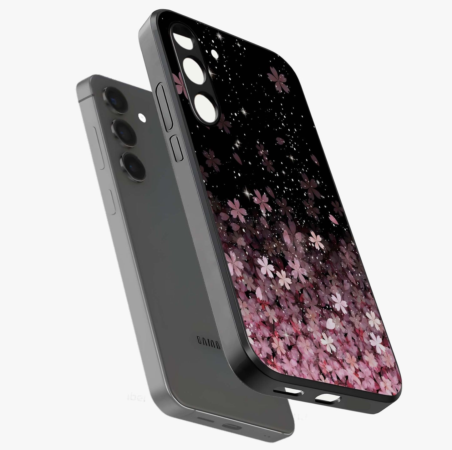 Small Starry Flowers Glass Case displayed in angled mockup highlighting tiny flower pattern with celestial aesthetic style.