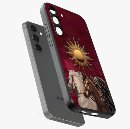 Solar Riders Glass Case displayed in angled mockup highlighting powerful rider illustration with radiant solar aesthetic.