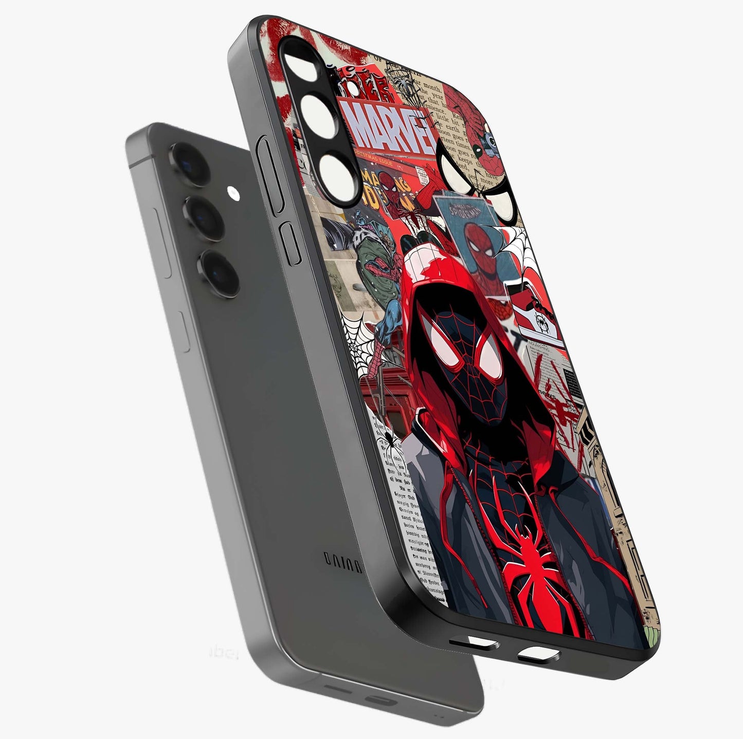 Spider Collage Street Glass Case displayed in angled mockup highlighting dynamic street style collage design with comic aesthetic.