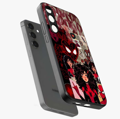 Spider Love Story Glass Case displayed in angled mockup highlighting expressive comic inspired design with playful aesthetic.