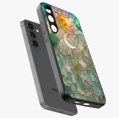Stained Sunrise Glow Glass Case displayed in angled mockup highlighting radiant sunrise design with artistic aesthetic style.