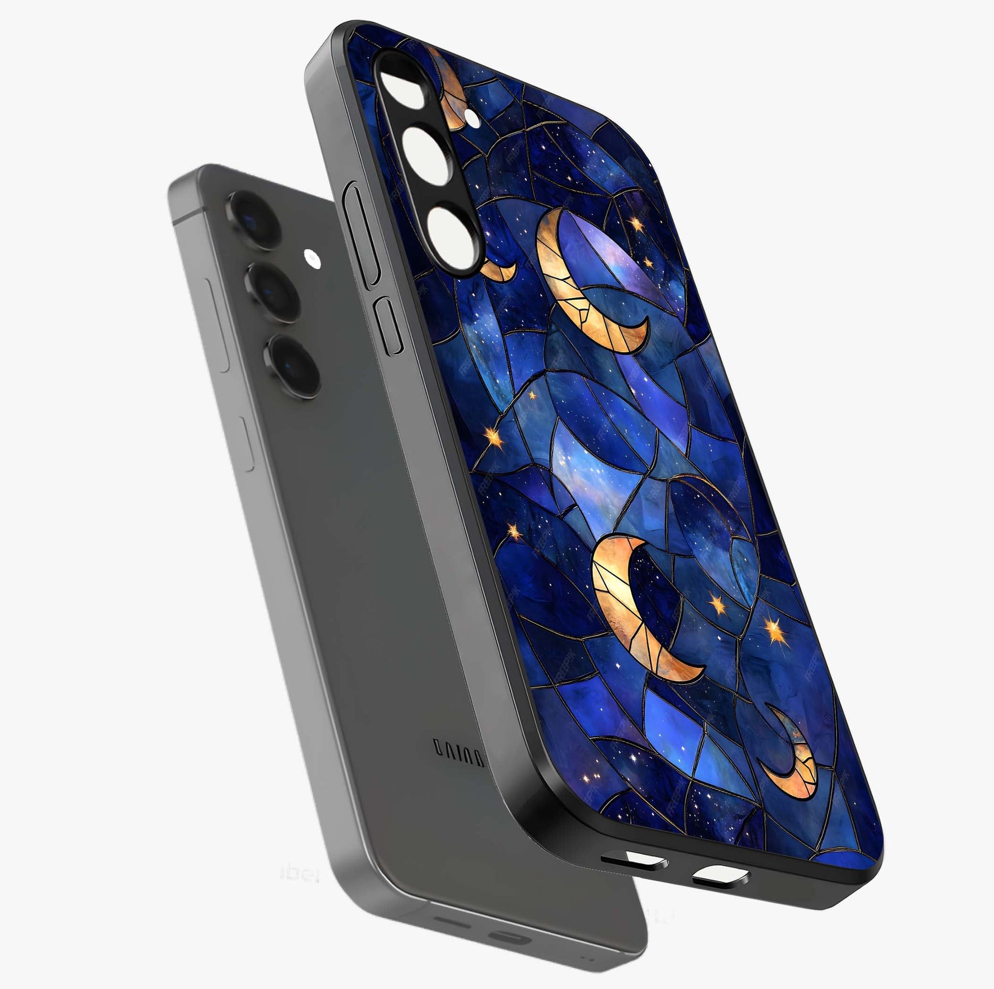 Starlit Sky Tapestry Glass Case displayed in angled mockup highlighting celestial night pattern with artistic aesthetic style.