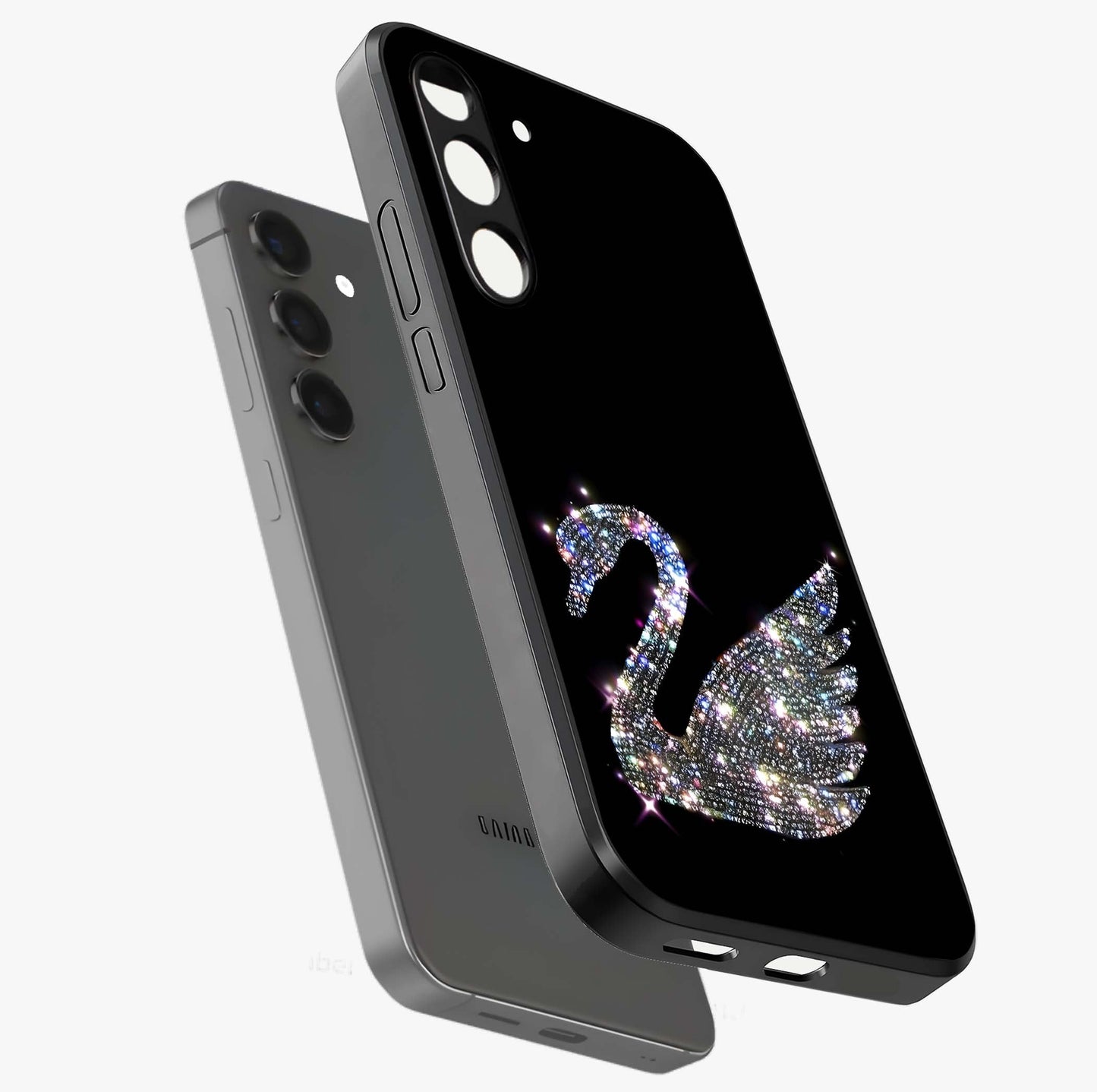 Starlit Swan Grace Glass Case displayed in angled mockup highlighting elegant swan illustration with dreamy celestial aesthetic.