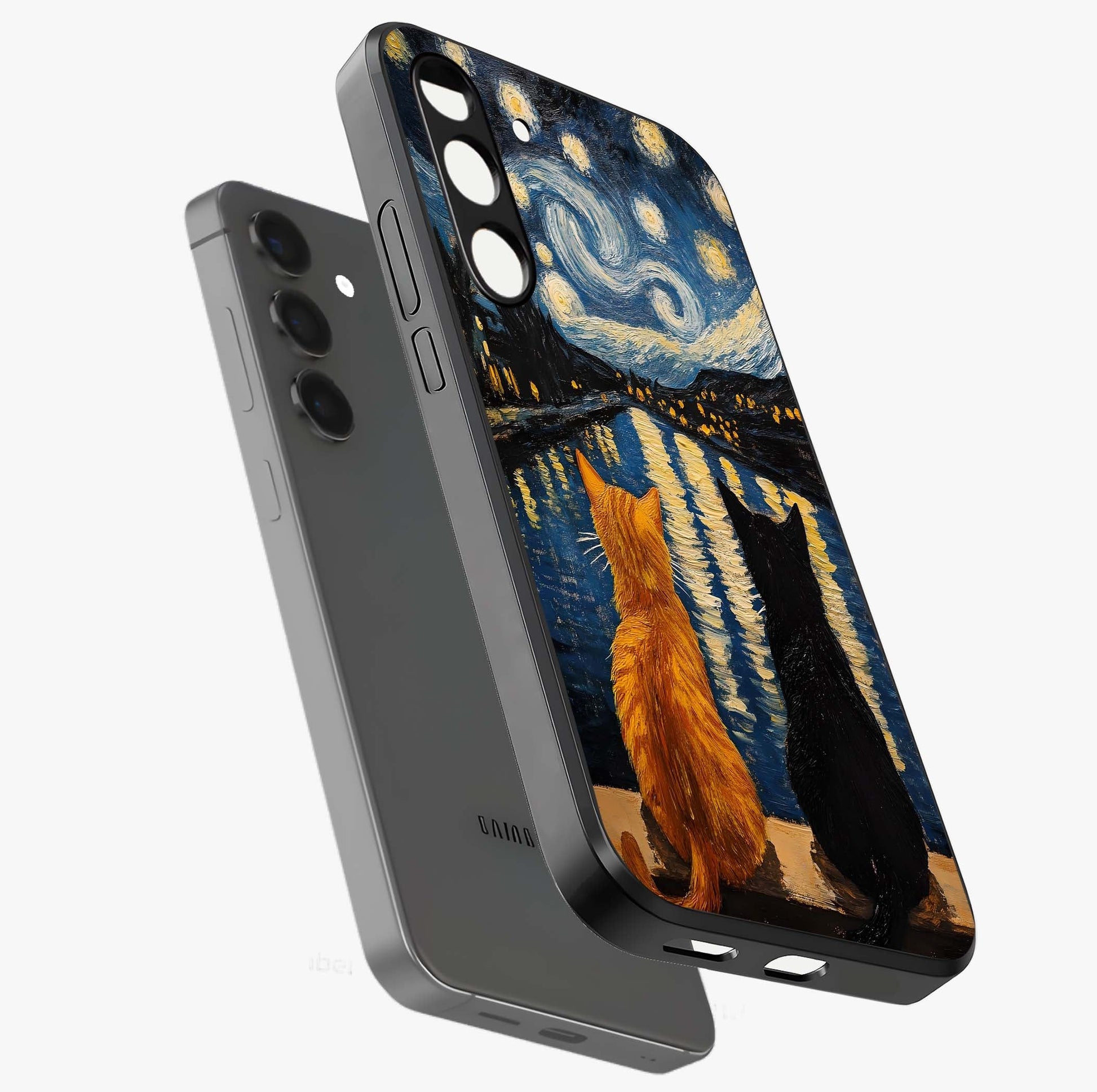 Starry River Cats Glass Case displayed in angled mockup highlighting charming feline illustration with dreamy night aesthetic.