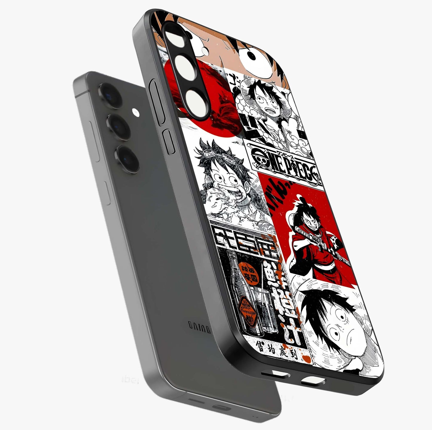 Strawhat Chaos Panels Glass Case displayed in angled mockup highlighting vibrant anime collage design with action aesthetic.