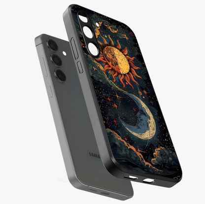 Sun And Moon Magic Design Glass Case displayed in angled mockup highlighting celestial design with magical cosmic aesthetic.