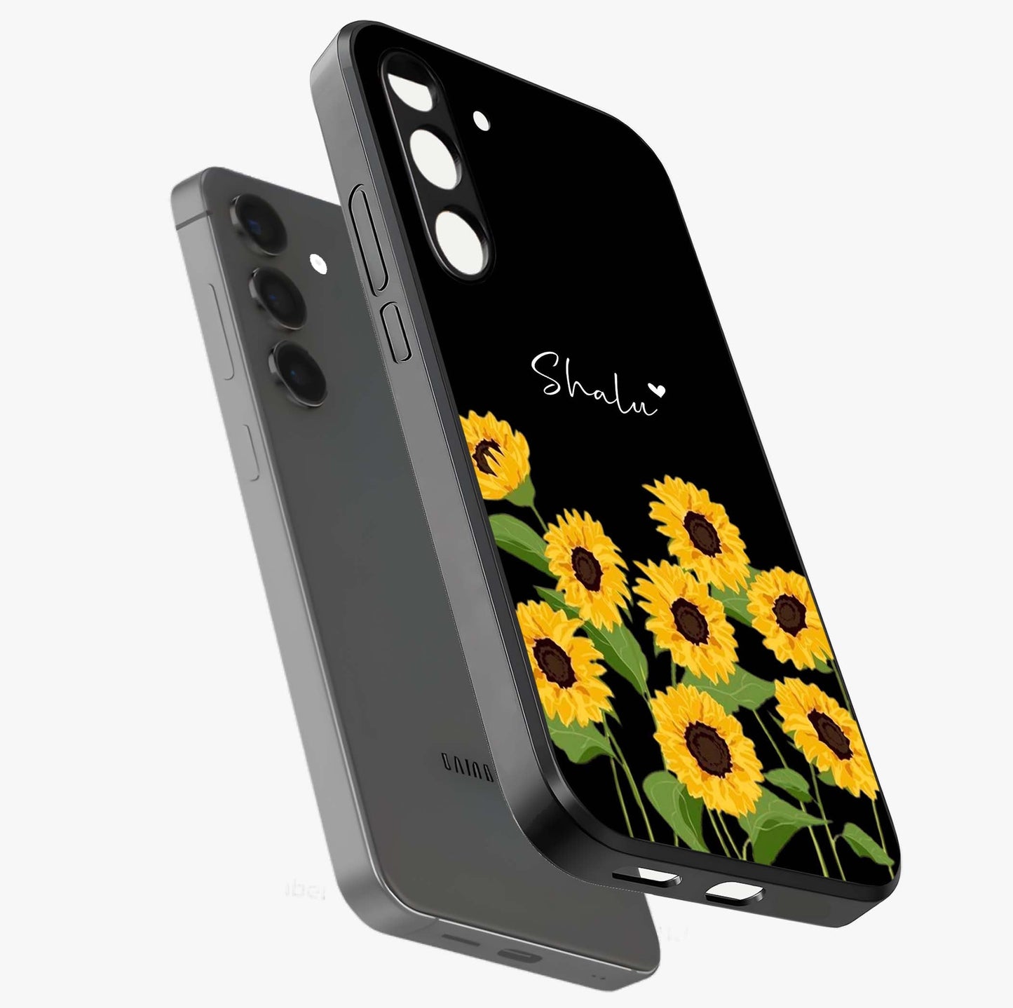 Sunflower Chic Mood Custom Name Glass Case displayed in angled mockup highlighting vibrant sunflower design with custom name feature.