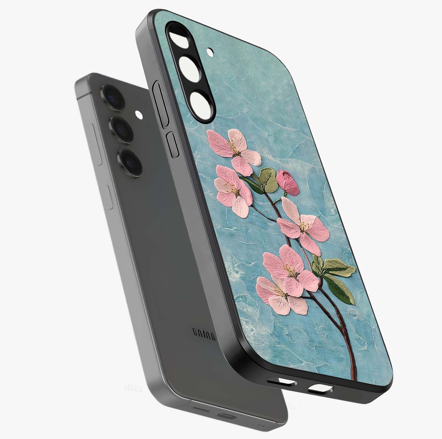 Threaded Blossom Breeze Glass Case displayed in angled mockup highlighting elegant floral design with soft aesthetic style.
