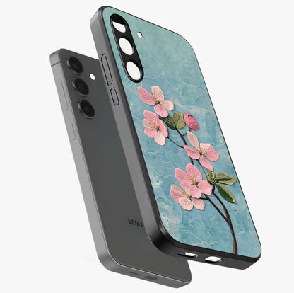 Threaded Blossom Breeze Glass Case displayed in angled mockup highlighting elegant floral design with soft aesthetic style.