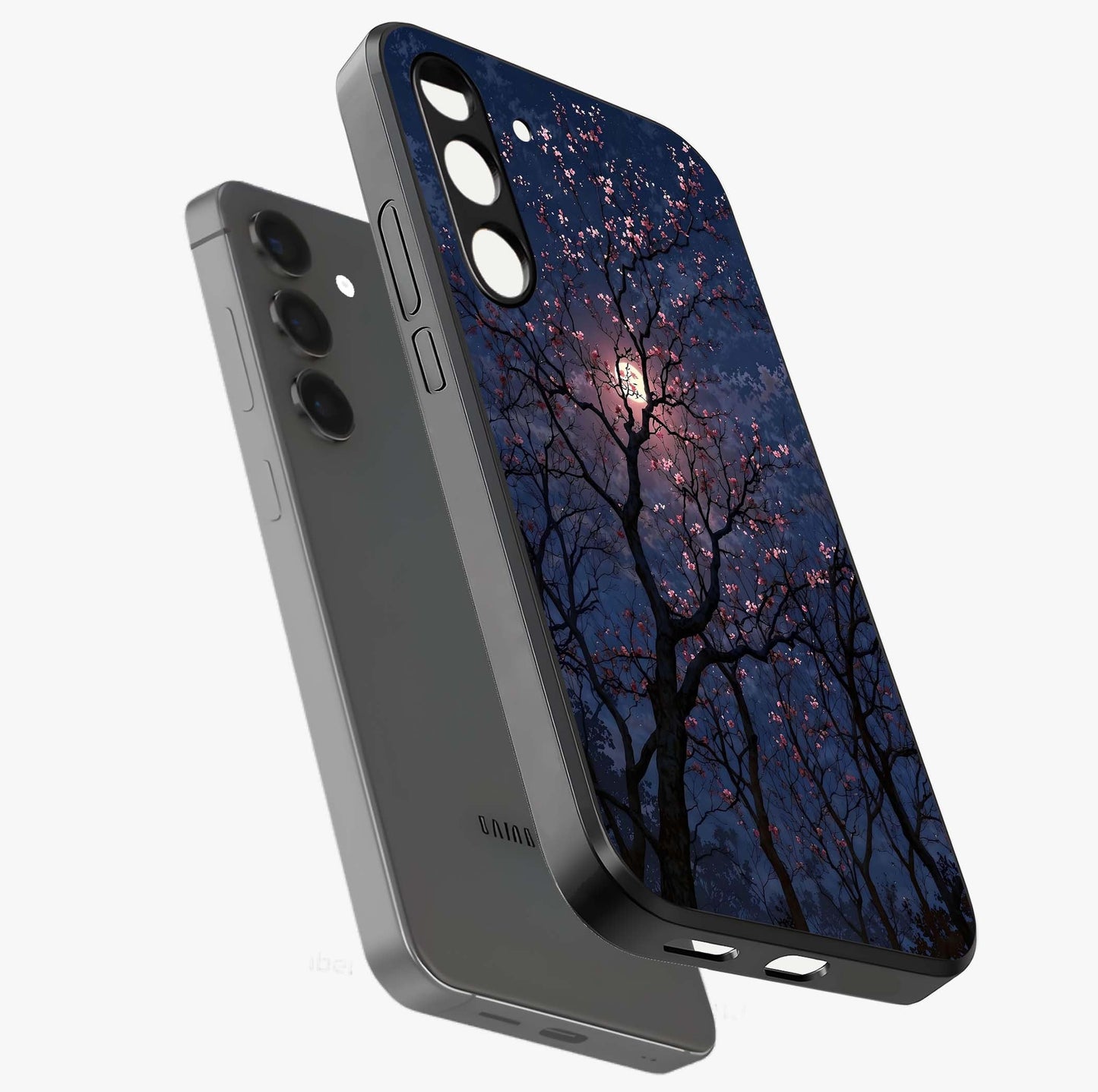 Twilight Sakura Serenade Glass Case displayed in angled mockup highlighting delicate sakura flower design with dreamy aesthetic.