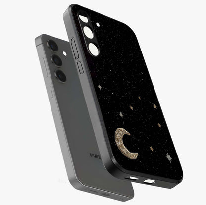 Twinkle Star With Half Moon Glass Case displayed in angled mockup highlighting celestial moon and star design with magical aesthetic.