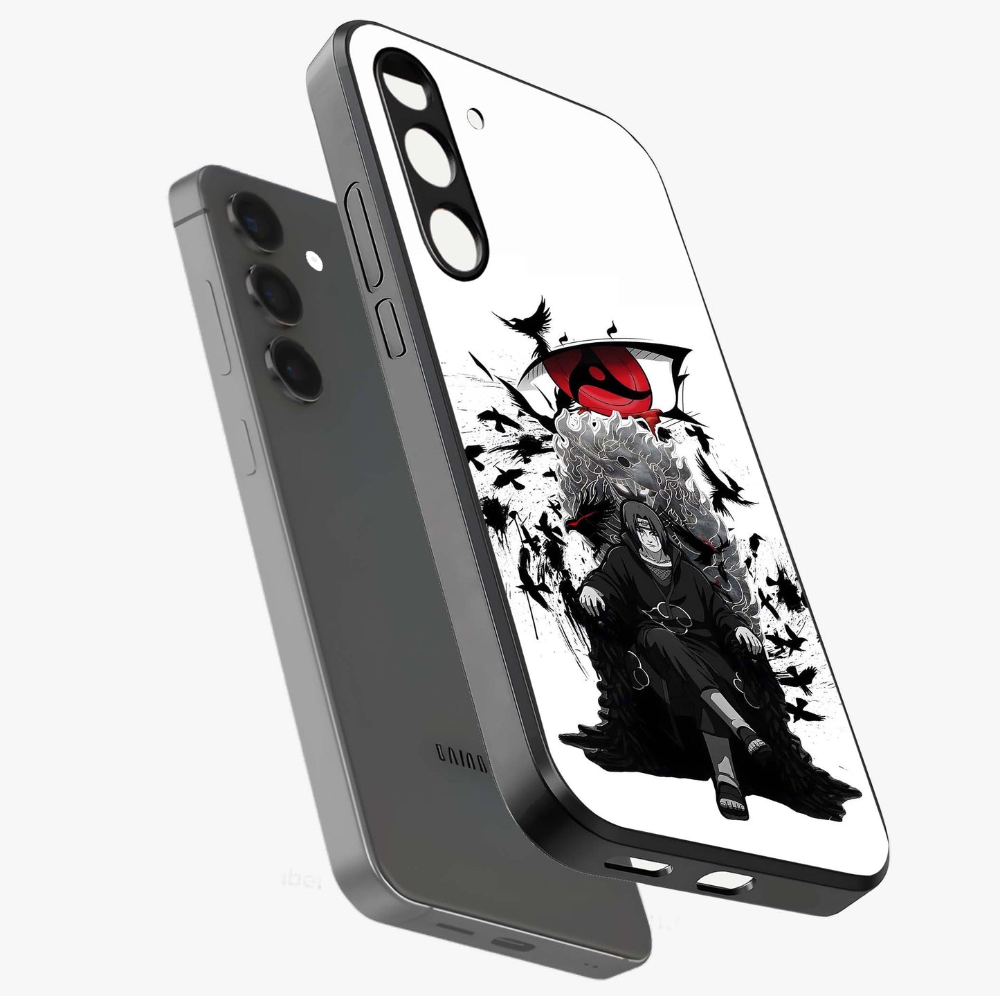 Uchiha Shadow Throne Glass Case displayed in angled mockup highlighting glowing aquatic design with celestial aesthetic.
