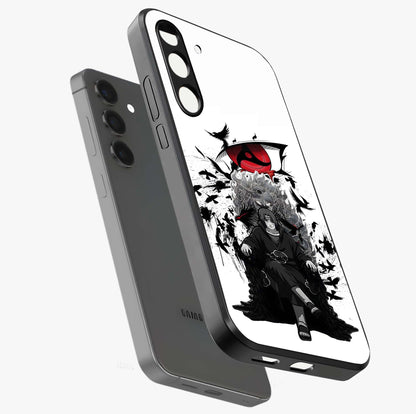 Uchiha Shadow Throne Glass Case displayed in angled mockup highlighting glowing aquatic design with celestial aesthetic.