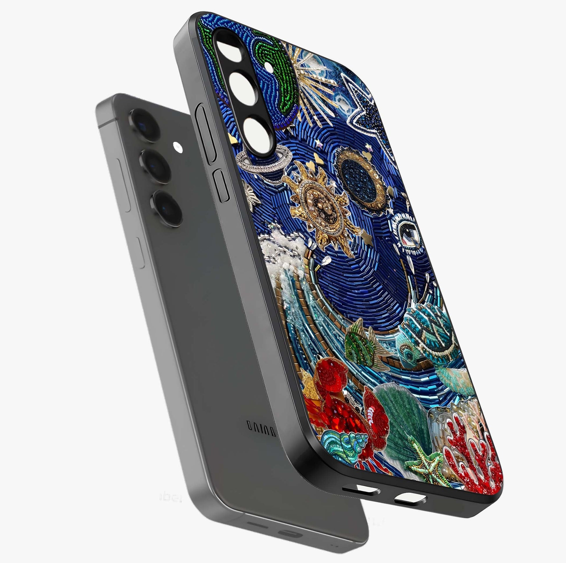 Universe Underwater Spark Glass Case displayed in angled mockup highlighting glowing aquatic design with celestial aesthetic.