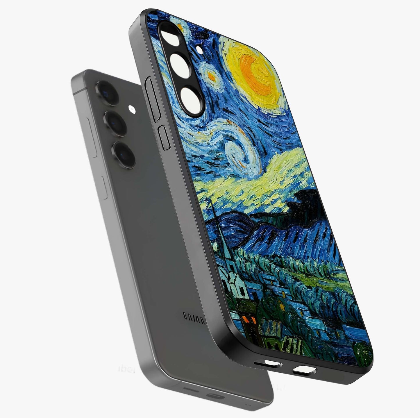 Van Gogh Art Glass Case displayed in angled mockup highlighting swirling brushstroke design with artistic aesthetic.