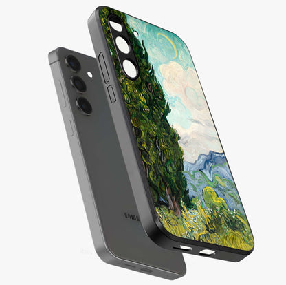 Van Gogh Vintage Art Glass Case displayed in angled mockup highlighting textured brushstroke design with classic aesthetic.