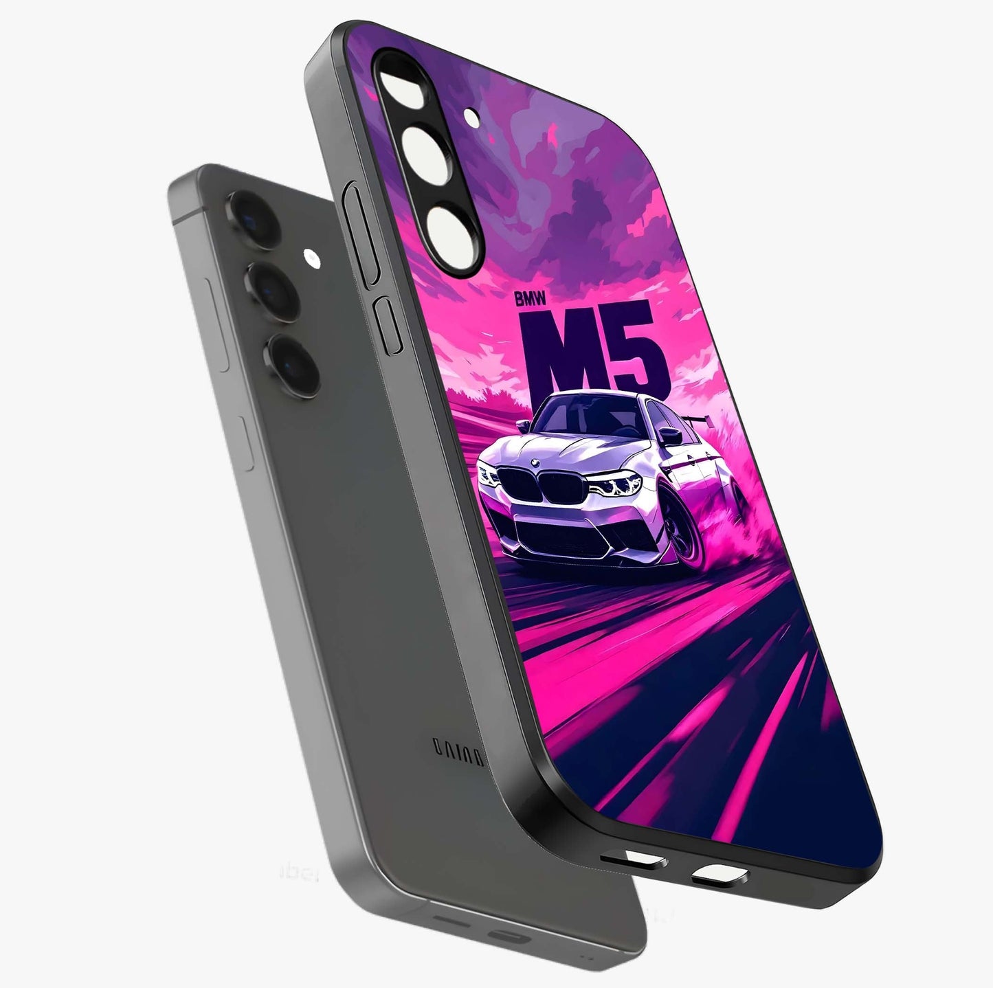 Velocity Drift Pulse Glass Case displayed in angled mockup highlighting dynamic drift design with sporty automotive aesthetic.