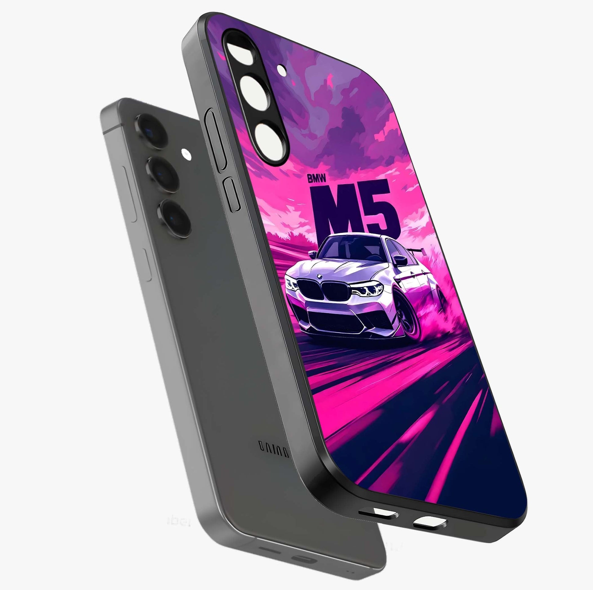 Velocity Drift Pulse Glass Case displayed in angled mockup highlighting dynamic drift design with sporty automotive aesthetic.